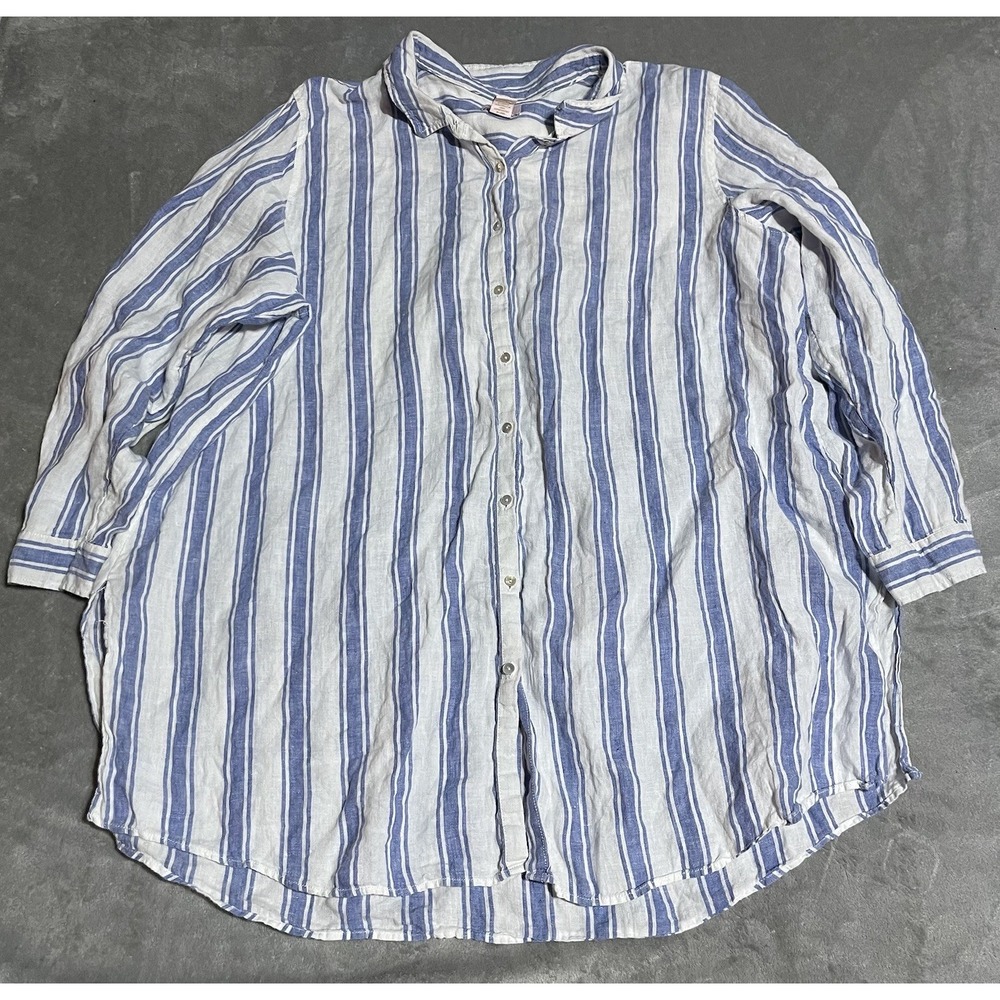 St Tropez West Top Womens 2X Linen Blue White Striped Button Up‎ Tunic Beach